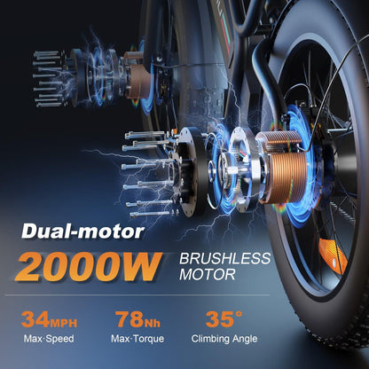 BIGNIU Electric Bike,2000W Dual Brushless Motor, 48V/22.4Ah Removeable Battery Ebike,Front/Rear Turn Signal,Rearview Mirror and 7 Gear Electric Bicycle